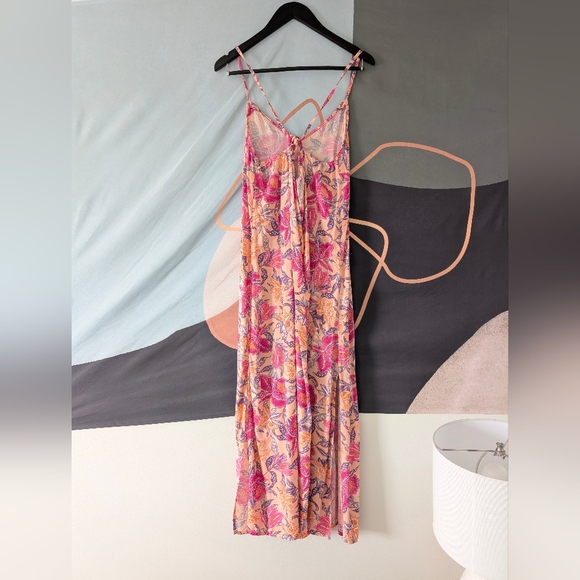 Old Navy Pink Orange Purple Floral Print V Neck Tie Back Slip Dress Midi - Picture 4 of 6